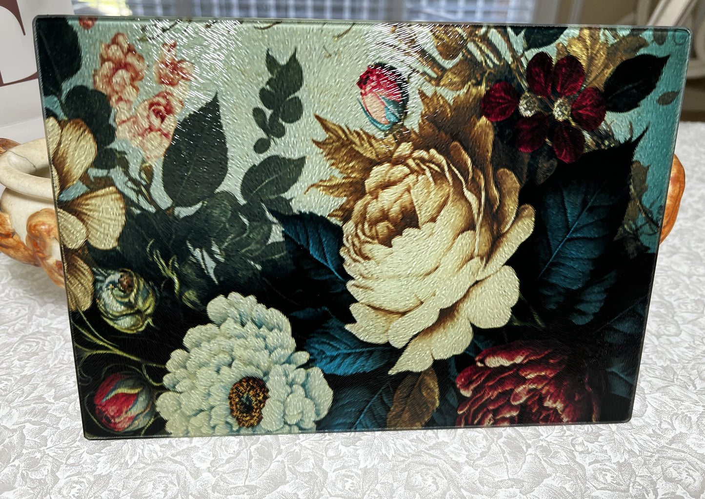 Tempered Glass Cutting Board - Vivid Rose, Blues, Tans, & Greens