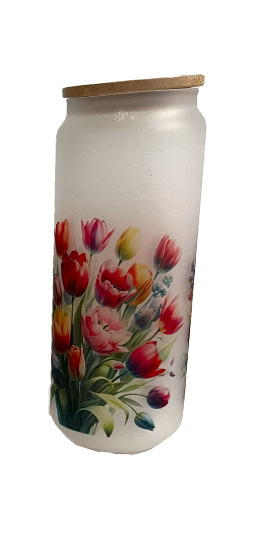 Tulip Motif Ceramic Glass Can - 20-oz.